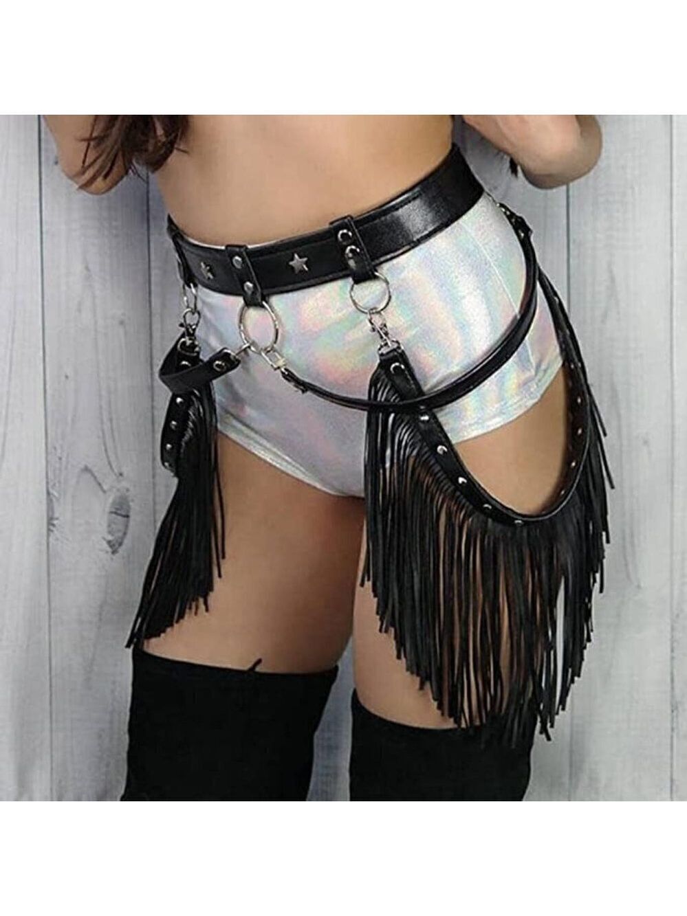 Black Leather Waist Belt Tassel Belly Dance Rave Party Cosplay Bondage BDSM NWT
